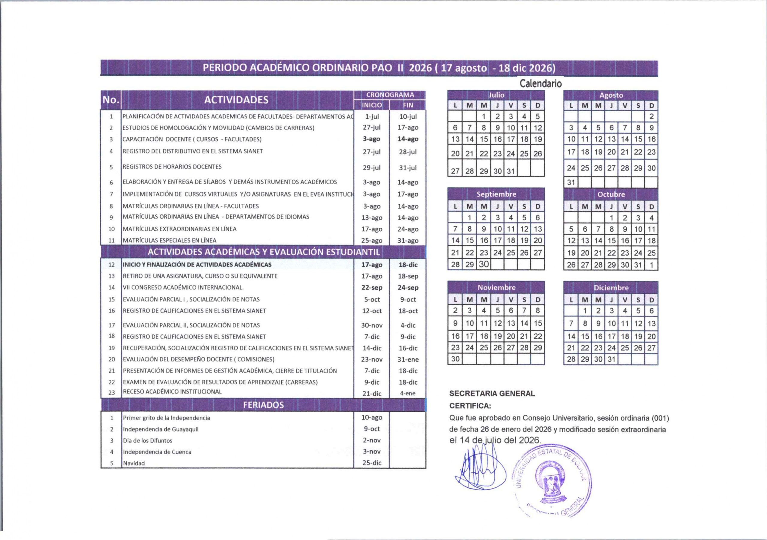 PERÍODO ACADÉMICO ORDINARIO PAO II 2026 (17 agosto - 18 dic 2026)